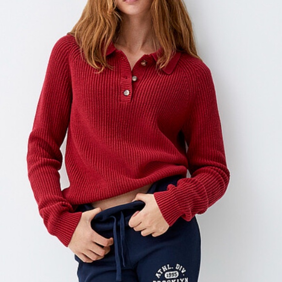 Red burgundy rib knit polo collar chunky sweater NWT - Picture 1 of 8